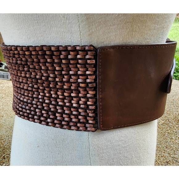 Belgo Lux Extra Wide Leather & Wooden Beaded Stretch Belt S - Picture 3 of 5